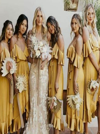 Spaghetti straps V-neck Ruffle A-line Elegant Simple Long Bridesmaid Dresses,SWE1280