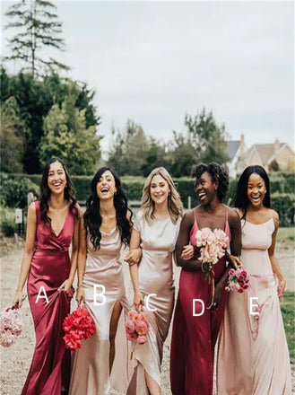 Mismatched V-neck Side slit A-line Elegant Simple Pretty Long Bridesmaid Dresses, SWE1332