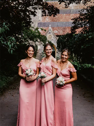 Off-shoulder Ruffle Spaghetti straps Elegant Simple Pretty Long Bridesmaid Dresses, SWE1324