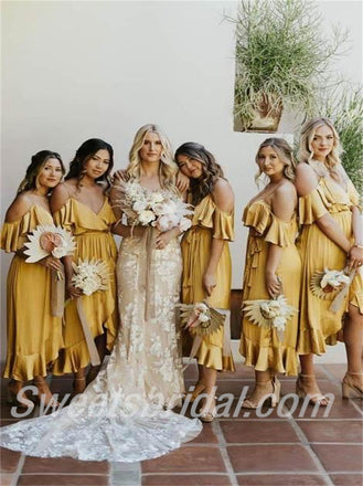 Spaghetti straps V-neck Ruffle A-line Elegant Simple Long Bridesmaid Dresses,SWE1280