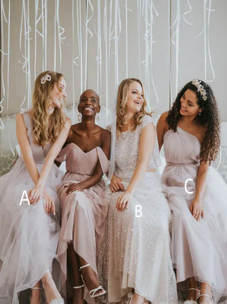 Mismatched Off-shoulder A-line Elegant Simple Pretty Long Bridesmaid Dresses,SWE1313