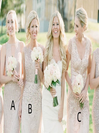 Mismatched V-neck Sequin Mermaid Sleeveless Elegant Simple Long Bridesmaid Dresse,SWE1277