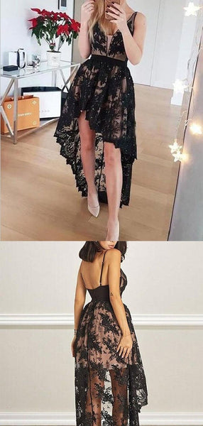Unique Deep V Neck Sleeveless Black Lace High Low Homecoming Dress, BTW167