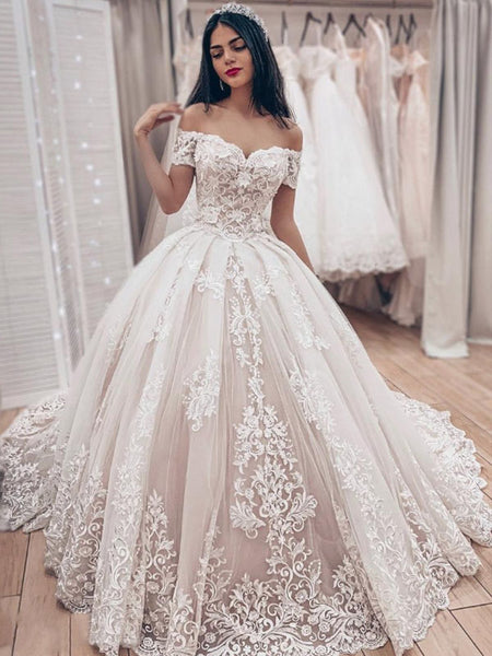 Gorgeous Off The Shoulder Lace Applique Ball Gown Train Long Wedding Dresses, WD1101