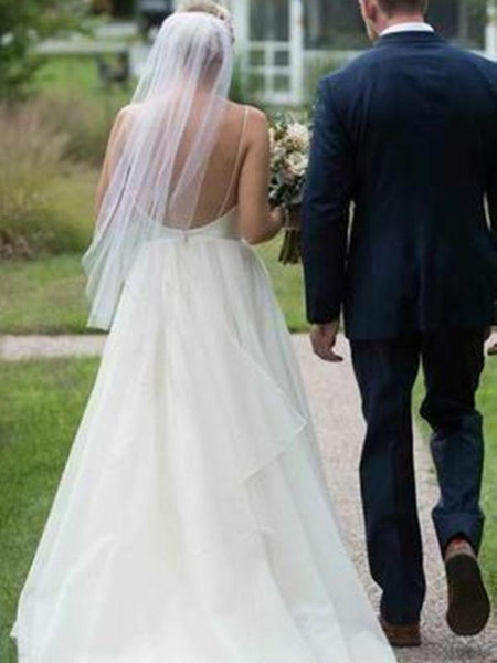 Simple V Neck Backless A Line Organza Floor Length Long Wedding Dresses, WD1110