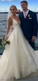 Simple V Neck Backless A Line Organza Floor Length Long Wedding Dresses, WD1110