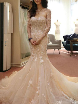 Gorgeous Pink Long Sleeves Applique Mermaid With Train Wedding Dresses, WD1118