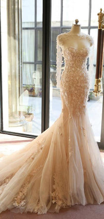 Gorgeous Pink Long Sleeves Applique Mermaid With Train Wedding Dresses, WD1118