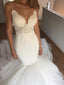 Charming Spaghetti Strap Lace Applique Tulle Mermaid Long Wedding Dresses, WD1119