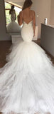Charming Spaghetti Strap Lace Applique Tulle Mermaid Long Wedding Dresses, WD1119
