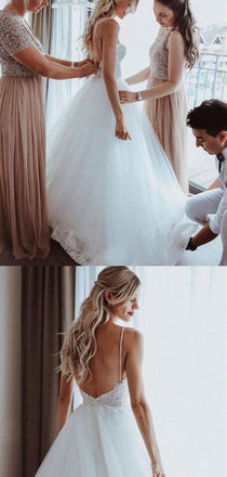 Fashion Spaghetti Straps Backless Lace Top A Line Long Wedding Dresses, WD1102