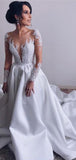 Charming Long Sleeves Lace Top Satin A Line With Train Long Wedding Dresses, WD1112