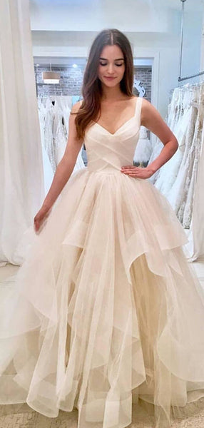 Unique Ivory V Neck Ball Gown Sleeveless Tulle Long Wedding Dresses, WD1103