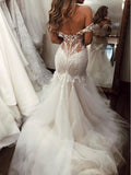 Sexy Off Shoulder V Neck Lace Mermaid With Train Long Wedding Dresses, WD1105