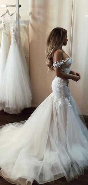 Sexy Off Shoulder V Neck Lace Mermaid With Train Long Wedding Dresses, WD1105