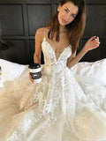 Spaghetti Strap Lace Applique Tulle A Line With Train Long Wedding Dresses, WD1115