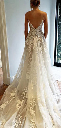 Spaghetti Strap Lace Applique Tulle A Line With Train Long Wedding Dresses, WD1115