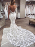 Chic Spaghetti Strap Backless Lace Applique Beaded Mermaid Wedding Dresses, WD1107