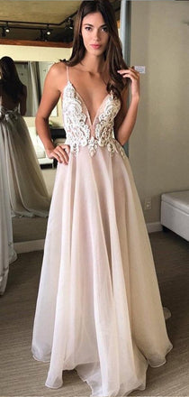 Simple Spaghetti Strap Backless Lace Chiffon Long Beach Wedding Dresses, WD1116