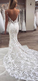 Chic Spaghetti Strap Backless Lace Applique Beaded Mermaid Wedding Dresses, WD1107