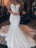 Elegant Sweetheart Strapless Lace Applique Mermaid Long Wedding Dresses, WD1117