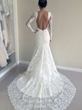 Unique Long Sleeves Backless Round Neck Mermaid Long Wedding Dresses, WD1108