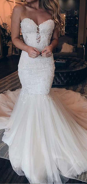 Elegant Sweetheart Strapless Lace Applique Mermaid Long Wedding Dresses, WD1117