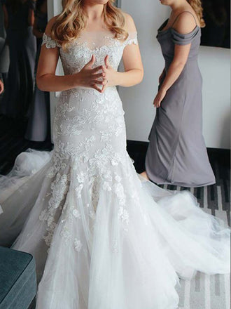 Elegant Off Shoulder Tulle Mermaid With Train Long Wedding Dresses, WD1121