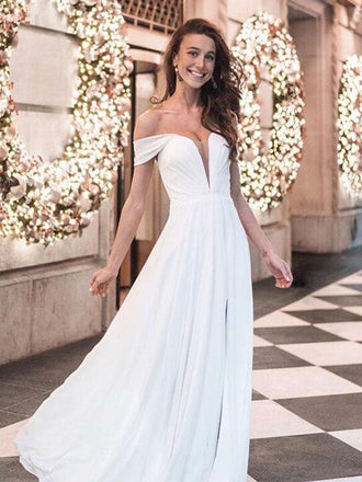 Charming Off the Shoulder Side Slit Long Evening Prom Dresses, BW0608