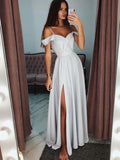 Chic Spaghetti Strap Off the Shoulder Side Slit Long Evening Prom Dresses, BW0609