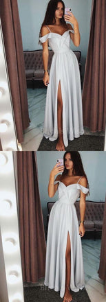 Chic Spaghetti Strap Off the Shoulder Side Slit Long Evening Prom Dresses, BW0609